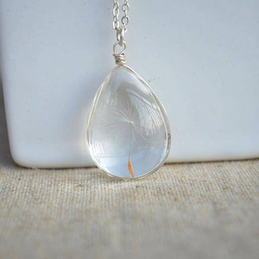 925 Sterling Silver Necklace Water Drop with Real Dandelion Seed